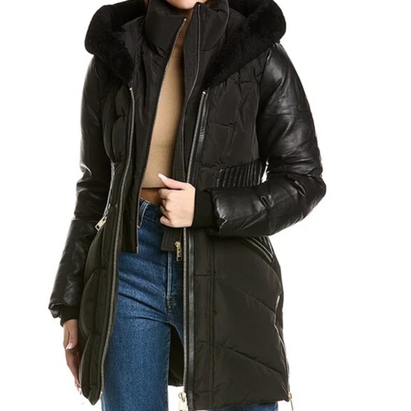 Nicole Benisti black down coat leather trim - Picture 1 of 5